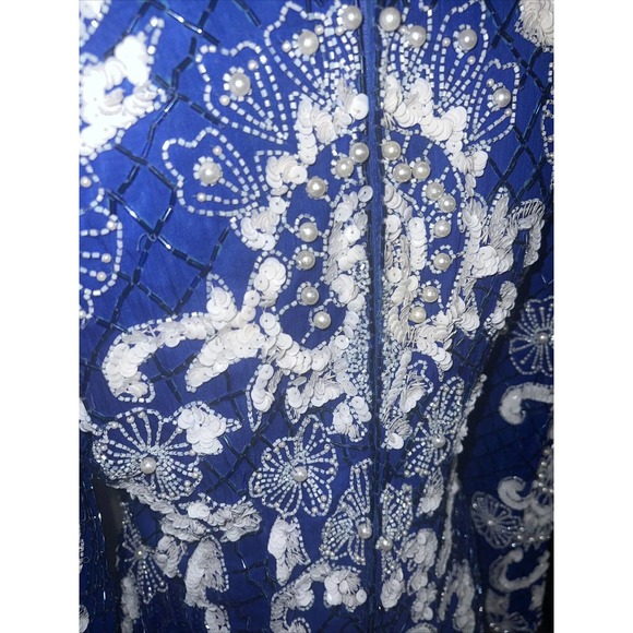 vtg Eves Allure Dress Blue Silk Sequins Beaded 90s Formal small gorgeous - Picture 8 of 10